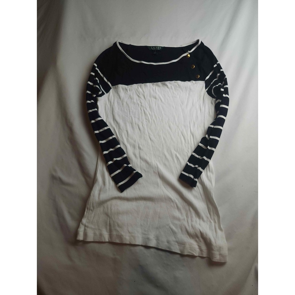 Lauren Ralph Lauren Navy Blue White Striped Button Shoulder‎ Top Womens Medium